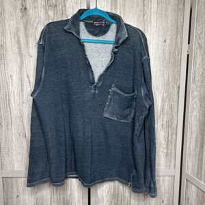 45R Mens Indigo Cotton Henley Top Long Sleeves Collared Chest Pocket Size 6